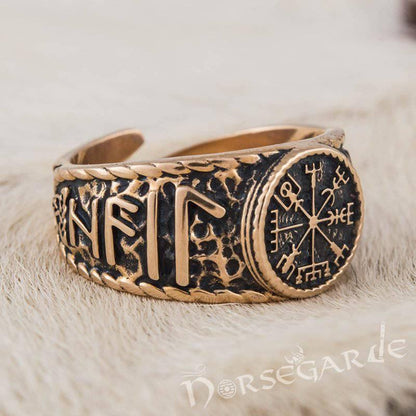 Handcrafted Vegvisir Runic Signet Ring - Bronze