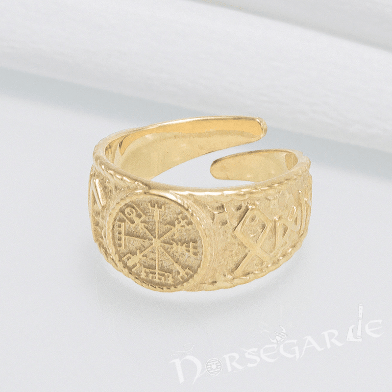 Handcrafted Vegvisir Runic Signet Ring - Gold