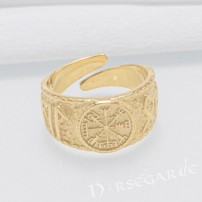 Handcrafted Vegvisir Runic Signet Ring - Gold