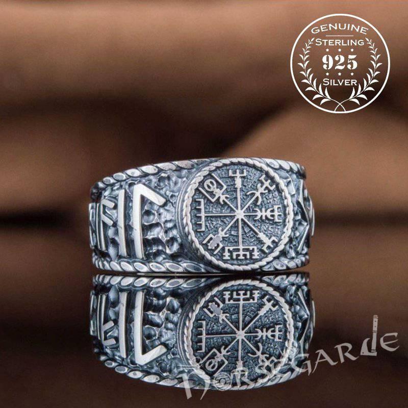 Handcrafted Vegvisir Runic Signet Ring - Sterling Silver