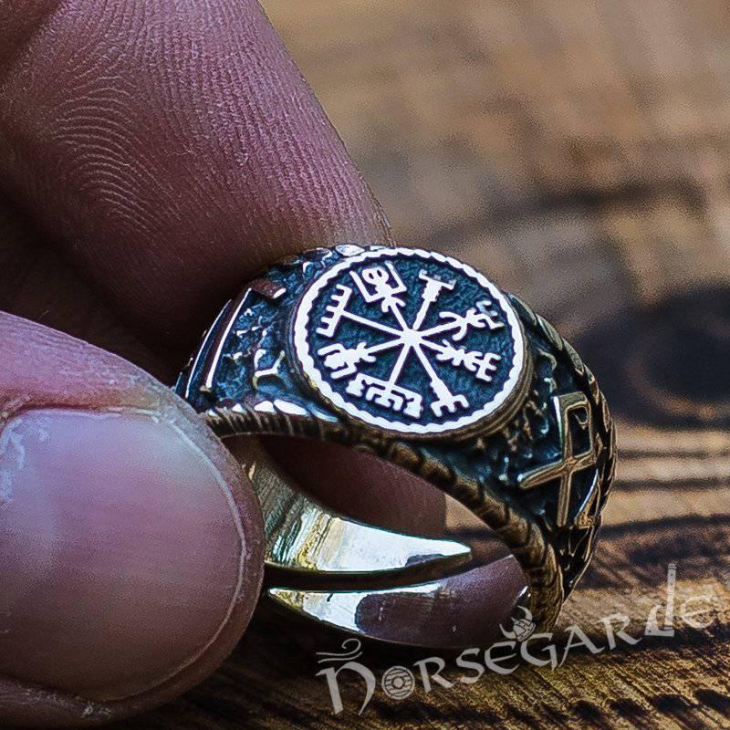 Handcrafted Vegvisir Runic Signet Ring - Sterling Silver