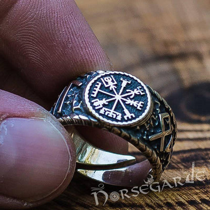 Handcrafted Vegvisir Runic Signet Ring - Sterling Silver