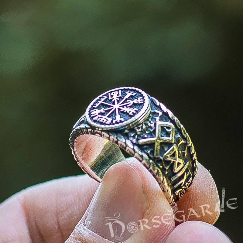 Handcrafted Vegvisir Runic Signet Ring - Sterling Silver