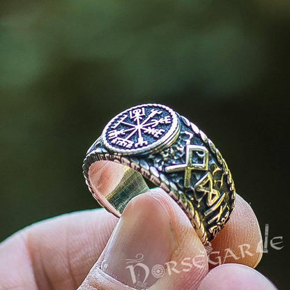 Handcrafted Vegvisir Runic Signet Ring - Sterling Silver