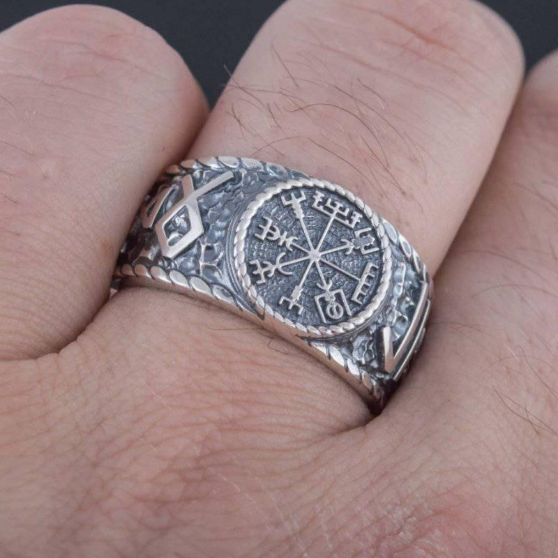 Handcrafted Vegvisir Runic Signet Ring - Sterling Silver