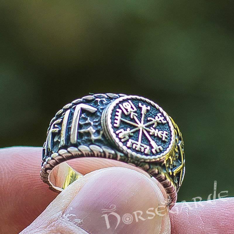 Handcrafted Vegvisir Runic Signet Ring - Sterling Silver
