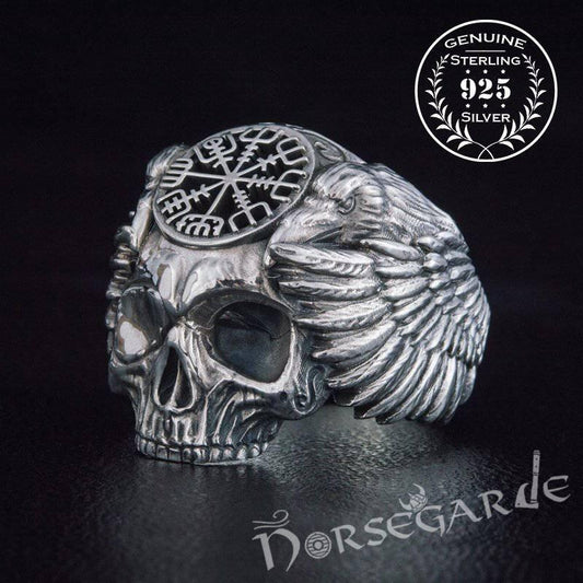 Handcrafted Vegvisir Skull and Ravens Ring - Sterling Silver