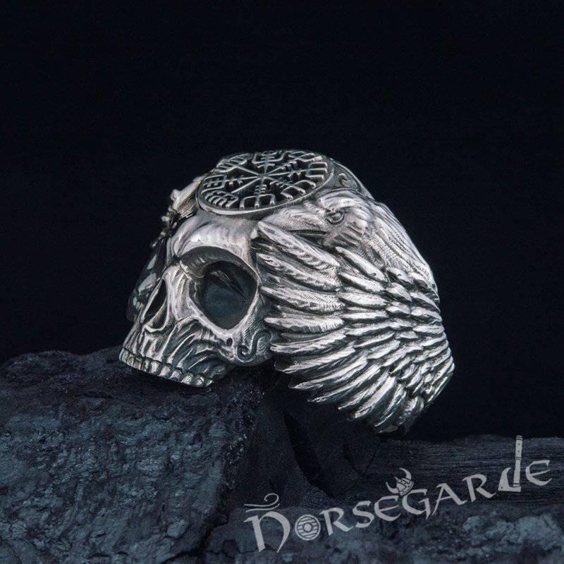 Handcrafted Vegvisir Skull and Ravens Ring - Sterling Silver