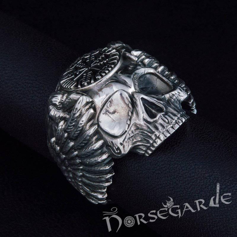 Handcrafted Vegvisir Skull and Ravens Ring - Sterling Silver
