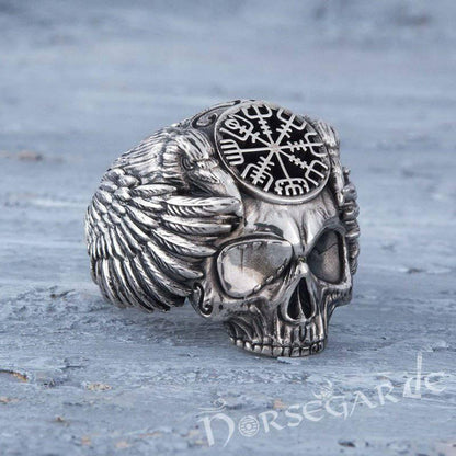 Handcrafted Vegvisir Skull and Ravens Ring - Sterling Silver