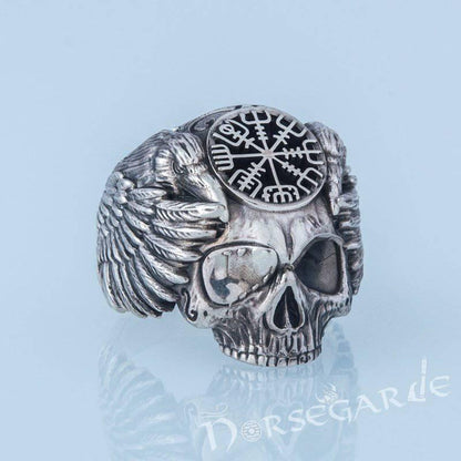 Handcrafted Vegvisir Skull and Ravens Ring - Sterling Silver
