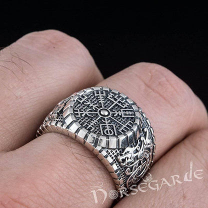 Handcrafted Vegvisir Viking Ornament Signet Ring - Sterling Silver