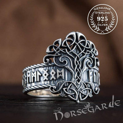 Handcrafted Yggdrasil and Runic Circle Ring - Sterling Silver