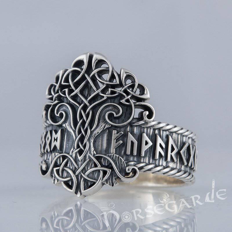 Handcrafted Yggdrasil and Runic Circle Ring - Sterling Silver