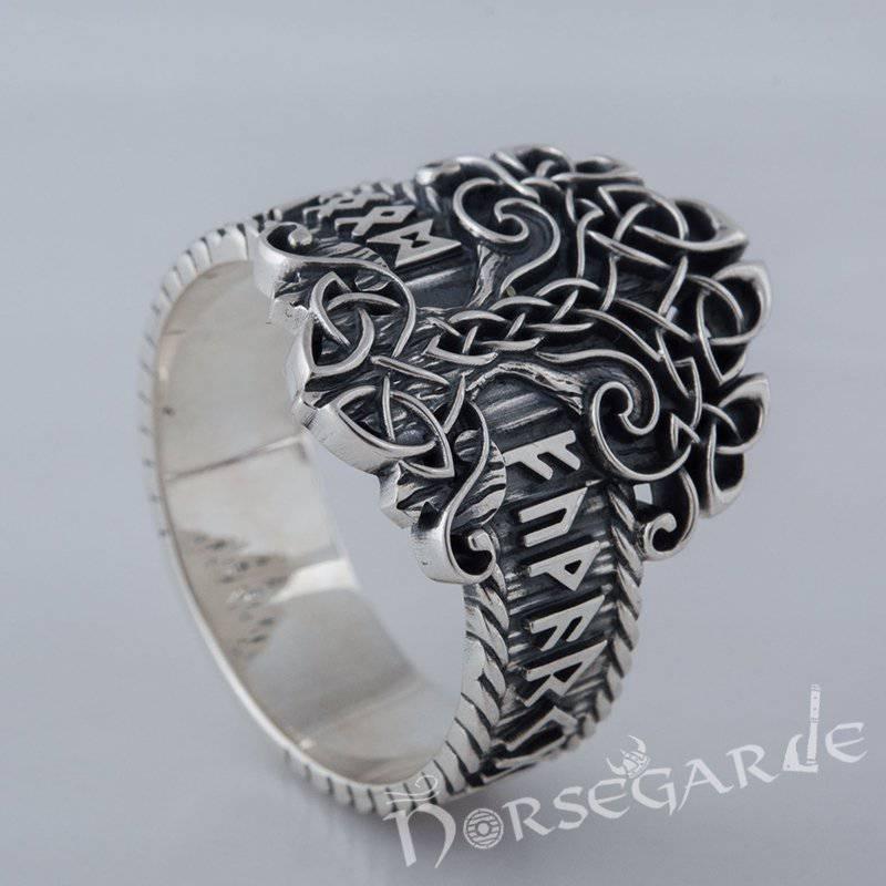 Handcrafted Yggdrasil and Runic Circle Ring - Sterling Silver