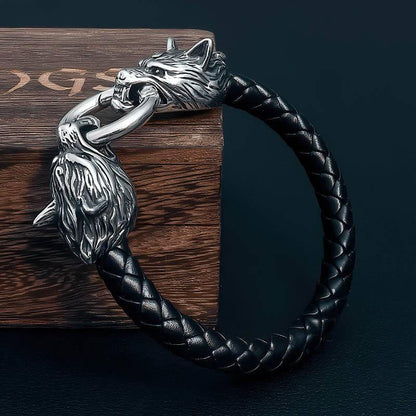 Odin's Wolves Leather Bracelet - Stainless Steel
