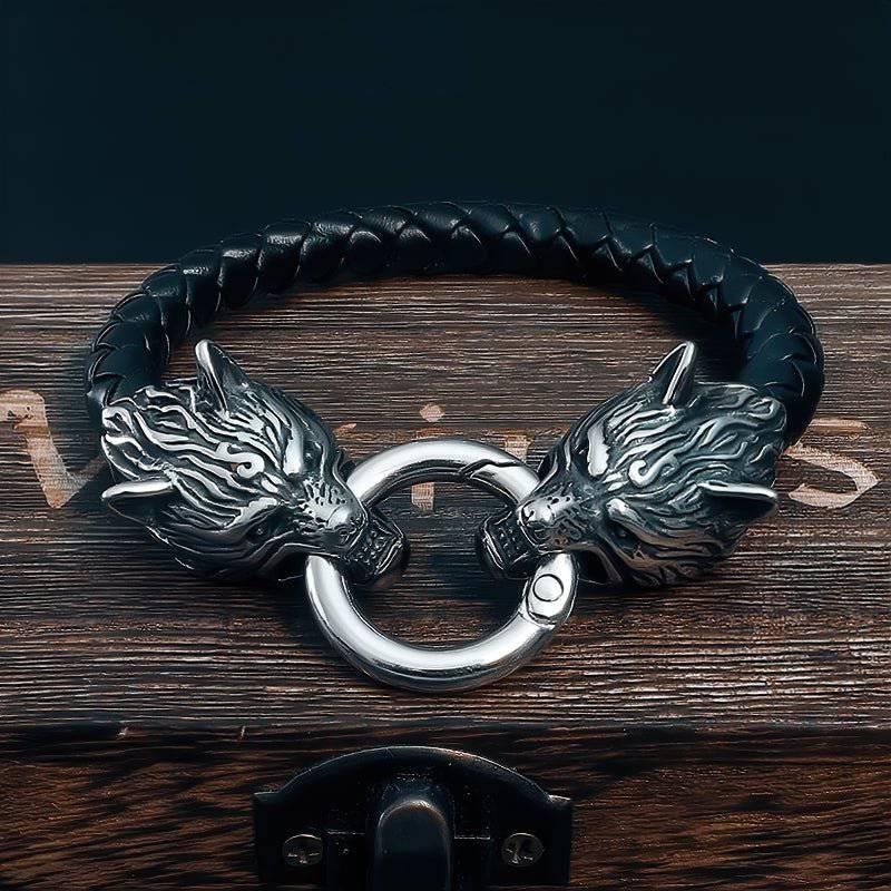 Odin's Wolves Leather Bracelet - Stainless Steel