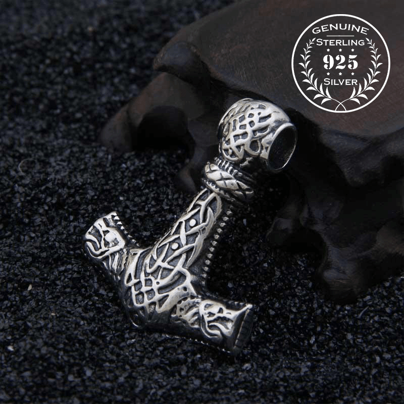 Ornamental Mjölnir with Wolf Heads - Sterling Silver