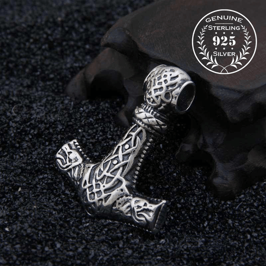 Ornamental Mjölnir with Wolf Heads - Sterling Silver