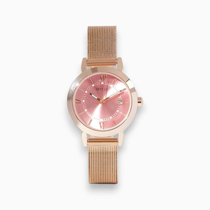 Quartz watch with pink dial and gold stainless steel strap