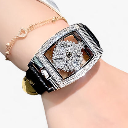 Premium quartz watch with diamond rotating dial and leather strap