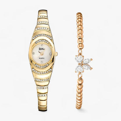 Women's oval quartz watch with crystal and diamond inlays
