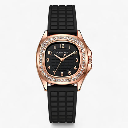 Oval diamond watch, rose gold silicone band