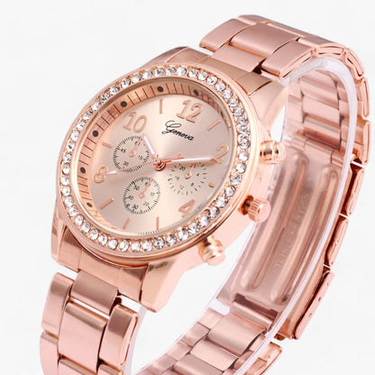 Round watch with rhinestones and silver-colored stainless steel strap