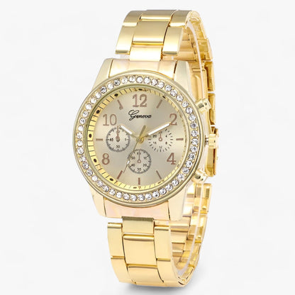 Round watch with rhinestones and silver-colored stainless steel strap