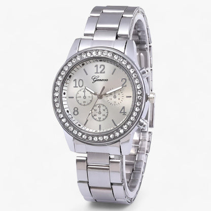 Round watch with rhinestones and silver-colored stainless steel strap