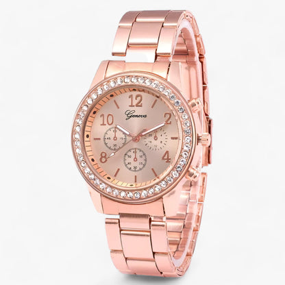 Round watch with rhinestones and silver-colored stainless steel strap
