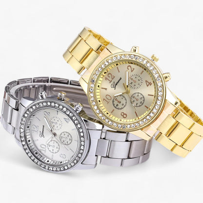Round watch with rhinestones and silver-colored stainless steel strap