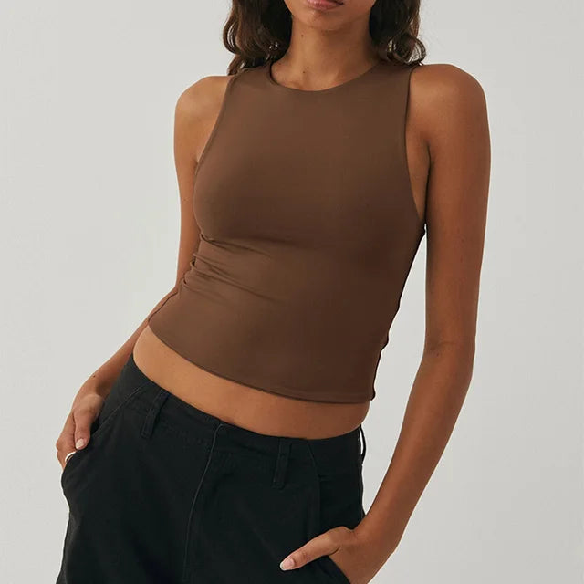 Zoe - Camiseta sin mangas con parte inferior ajustada y parte superior de cuello redondo