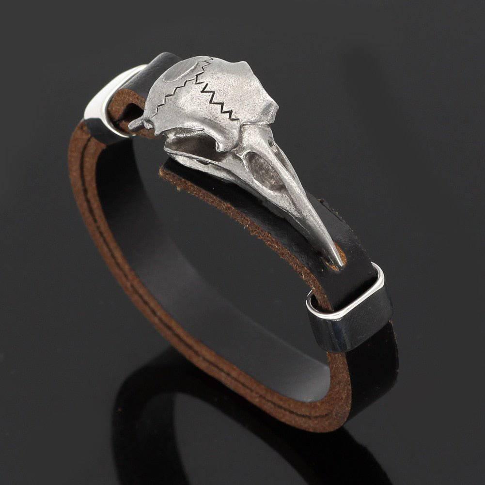 Rustic Raven Skull Leather Bracelet - Stainless Steel