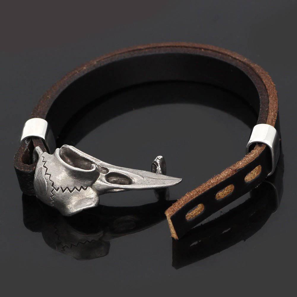 Rustic Raven Skull Leather Bracelet - Stainless Steel