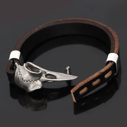 Rustic Raven Skull Leather Bracelet - Stainless Steel