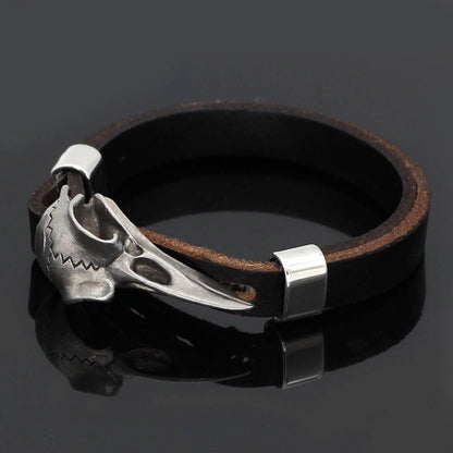 Rustic Raven Skull Leather Bracelet - Stainless Steel