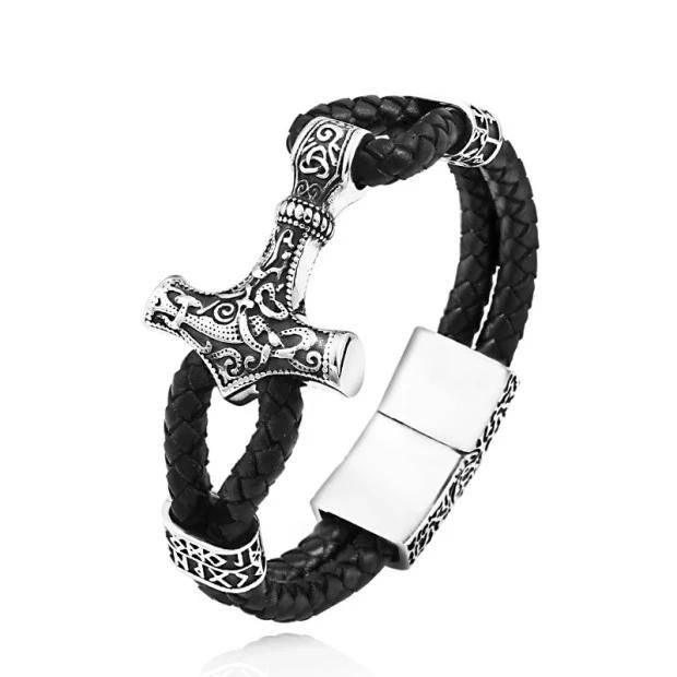 Thor's Hammer Leather Bracelet - Stainless Steel