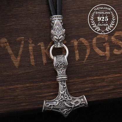 Wolf and Mjölnir Necklace - Sterling Silver