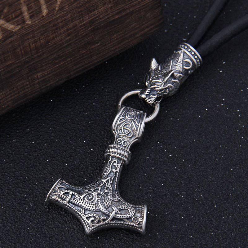 Wolf and Mjölnir Necklace - Sterling Silver