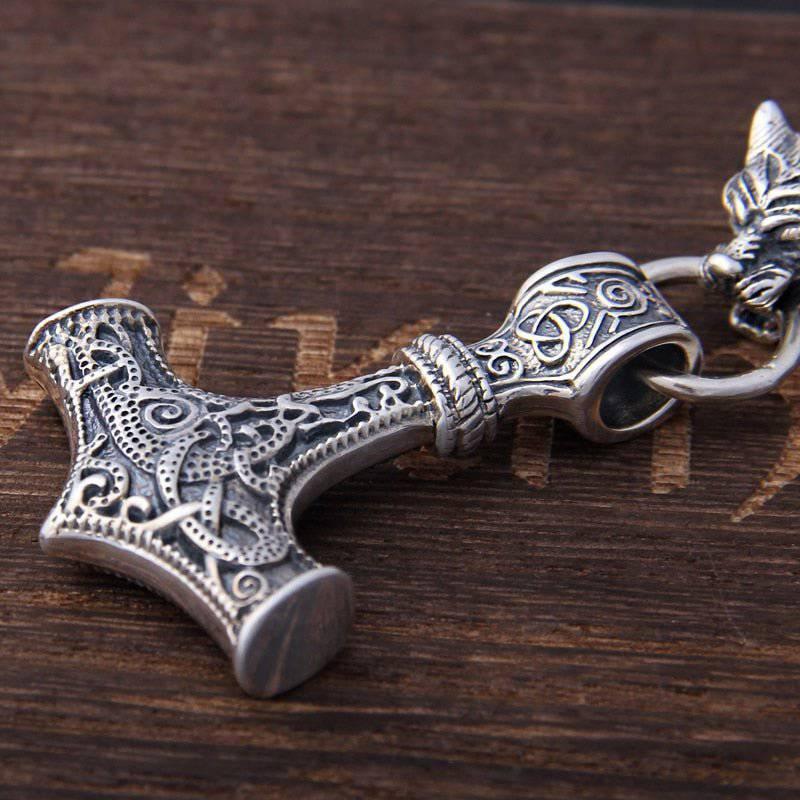 Wolf and Mjölnir Necklace - Sterling Silver