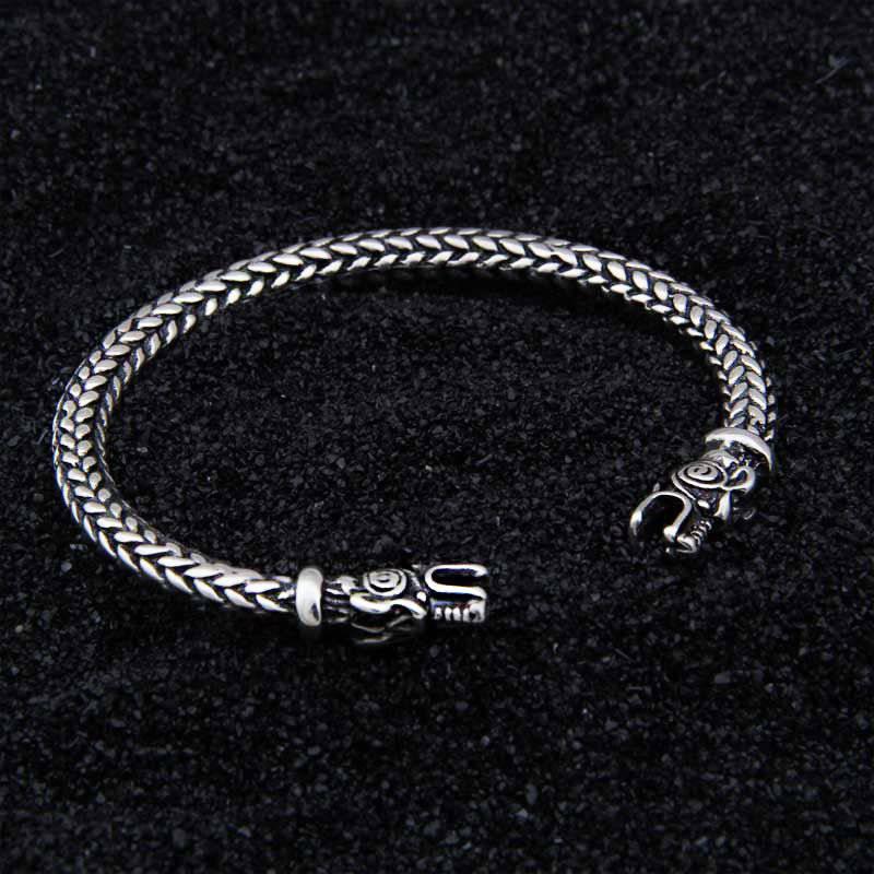 Wolf Head Meshed Torc Bracelet - Sterling Silver