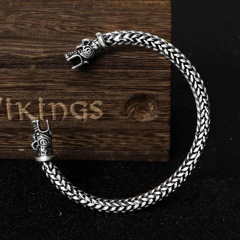 Wolf Head Meshed Torc Bracelet - Sterling Silver