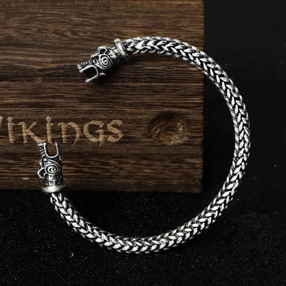 Wolf Head Meshed Torc Bracelet - Sterling Silver